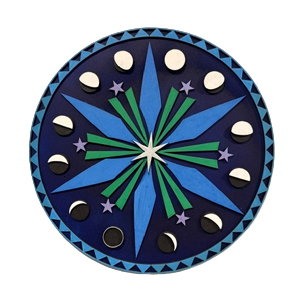 a round sign with a large 6 pointed snowflake like star in the middle and different phases of the moon around the edge